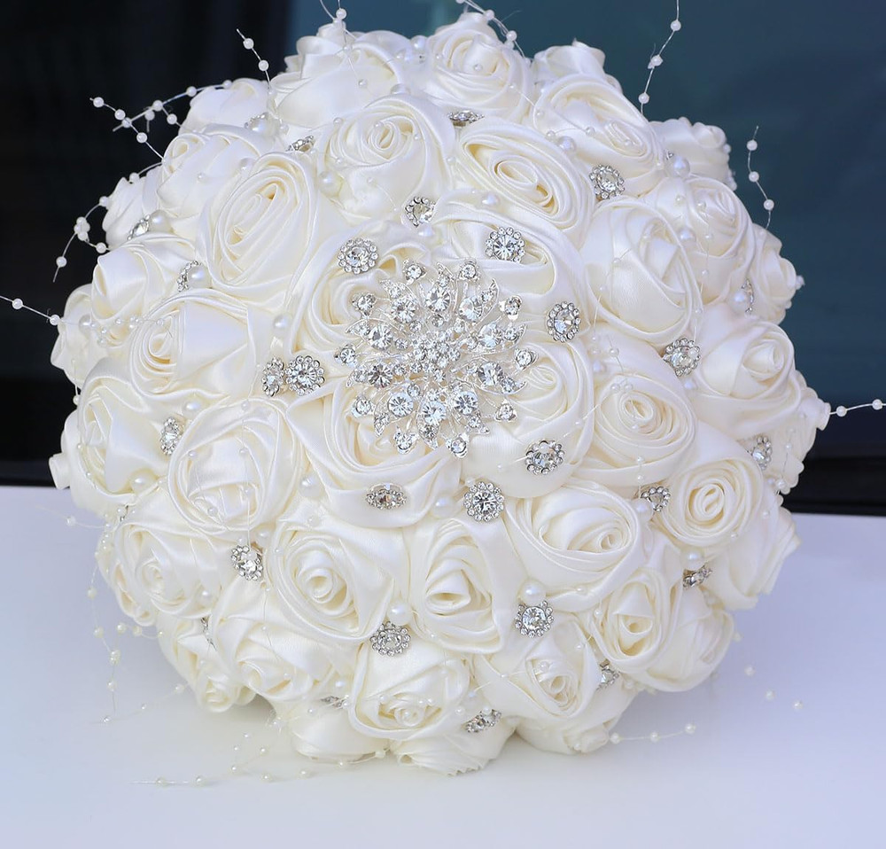 Bridal Wedding Bouquet round Bling Brooch Holding Bouquet Artificial Rose Flower