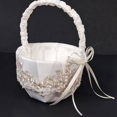 Flower Girl White Small Basket Pearls and Rhinestones Wedding Embellished UNIQUE