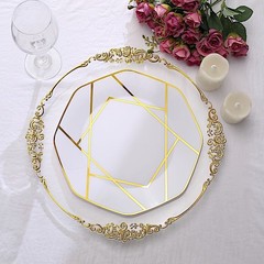 10 WHITE GOLD 10″ Octagon DISPOSABLE DINNER PLATES Geometric Party Tableware