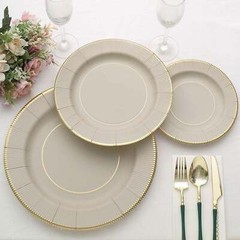 TAUPE 25 Round 13″ PAPER CHARGER PLATES Metallic Rim Party Events Tableware