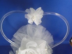 New Elegant Wedding Caketop, white bell, shimmer white floral, heart back #251