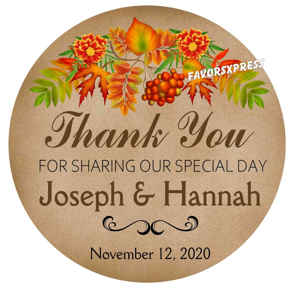 RUSTIC FALL WEDDING FAVOR STICKERS THANK YOU LABELS BRIDAL SHOWER AUTUMN LEAVES