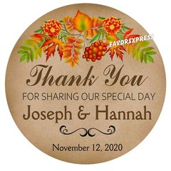 RUSTIC FALL WEDDING FAVOR STICKERS THANK YOU LABELS BRIDAL SHOWER AUTUMN LEAVES