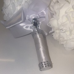 2x Artificial White Rose Wedding Bouquets w/ Silver Satin Ribbon & Rhinestones