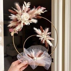 Wedding Table/Floral Reception Centerpiece, Gold Round Circle Dried Flowers