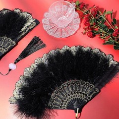 2 Pieces Feather Hand Fan Embroidered Flower Marabou 1920s Black