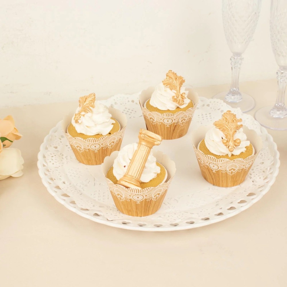 25 NATURAL WHITE Cupcake Liners Muffin WRAPPERS Wood Lace Printed Design Party