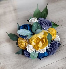 Blue Gold Bridal Bouquet Cascade Sola Wood Denim Navy Blue Wedding Decor Flowers