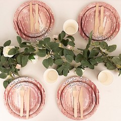 72 ROSE GOLD Disposable Paper TABLEWARE SET Diamond Glitter Pattern Party Events