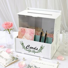 Wooden Wedding Card Box with Flower Trough, White Gift Card Box for Wedding w…