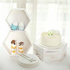 3 Whitewashed Wooden Cake Stand Hexagonal Dessert Display Boxes 13″, White
