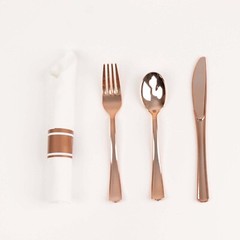 24 ROSE GOLD Plastic Silverware with Pre Rolled White Paper Napkins Party