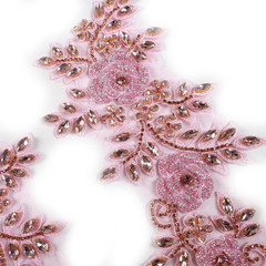 Light Pink Beaded Rose Flowers &Leaves Rhinestone Pair Applique for Prom Dress B
