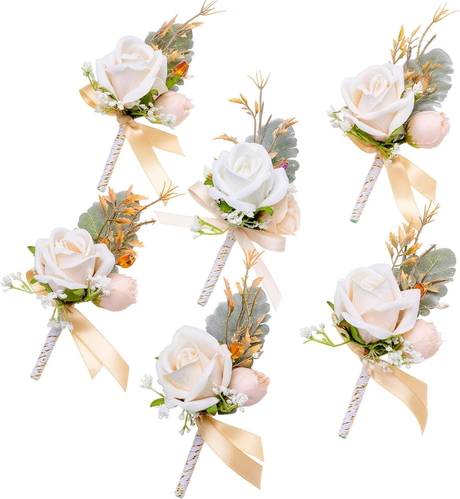 Champagne Boutonniere for Men, 6 Pcs Groom Groomsmen Boutonnieres, Artificial Fl