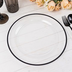 CLEAR 10 Round 10″ PLASTIC Dinner PLATES Black Rim Party Events Tableware
