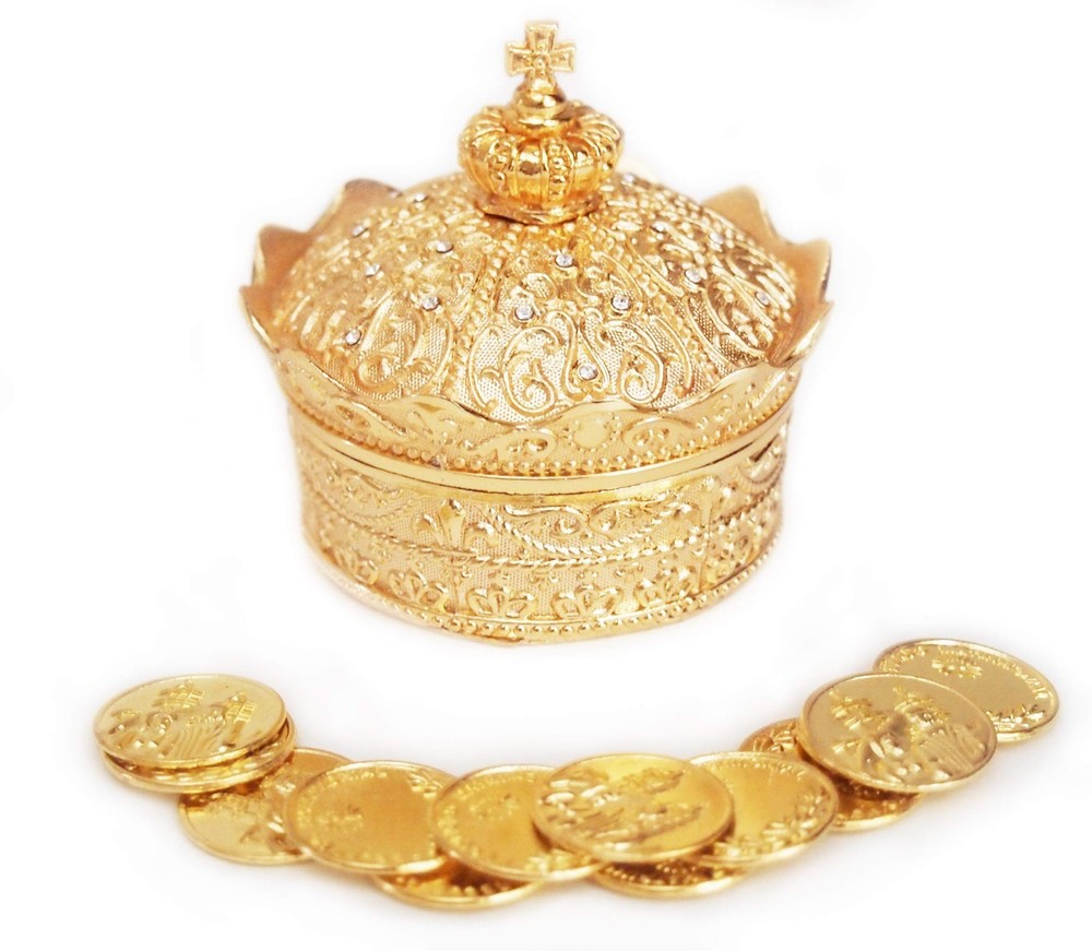 Elegant Gold Crown Wedding Arras with 13 Coins Set 2.5” X X 2.25”, gold