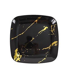 10 BLACK GOLD Square Metallic Marble Plastic Salad DINNER PLATES Party Tableware