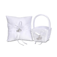 RING PILLOW & FLOWER BASKET SET W/ RHINESTONES & OPEN HEART CHARMS-VICTORIA LYNN