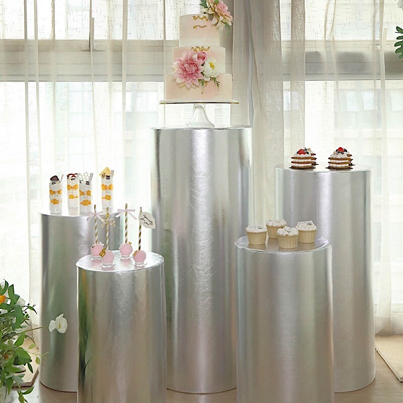 5 SILVER Fitted Metallic Spandex Cylinder Display STAND COVER Set Party Events