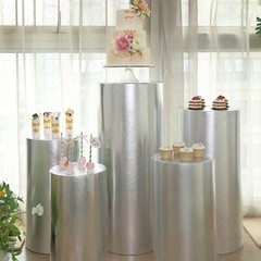 5 SILVER Fitted Metallic Spandex Cylinder Display STAND COVER Set Party Events