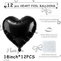 12 PCS Black Heart Balloons, 18 Inch Large Black Heart Foil 05-12pcs Deep Black