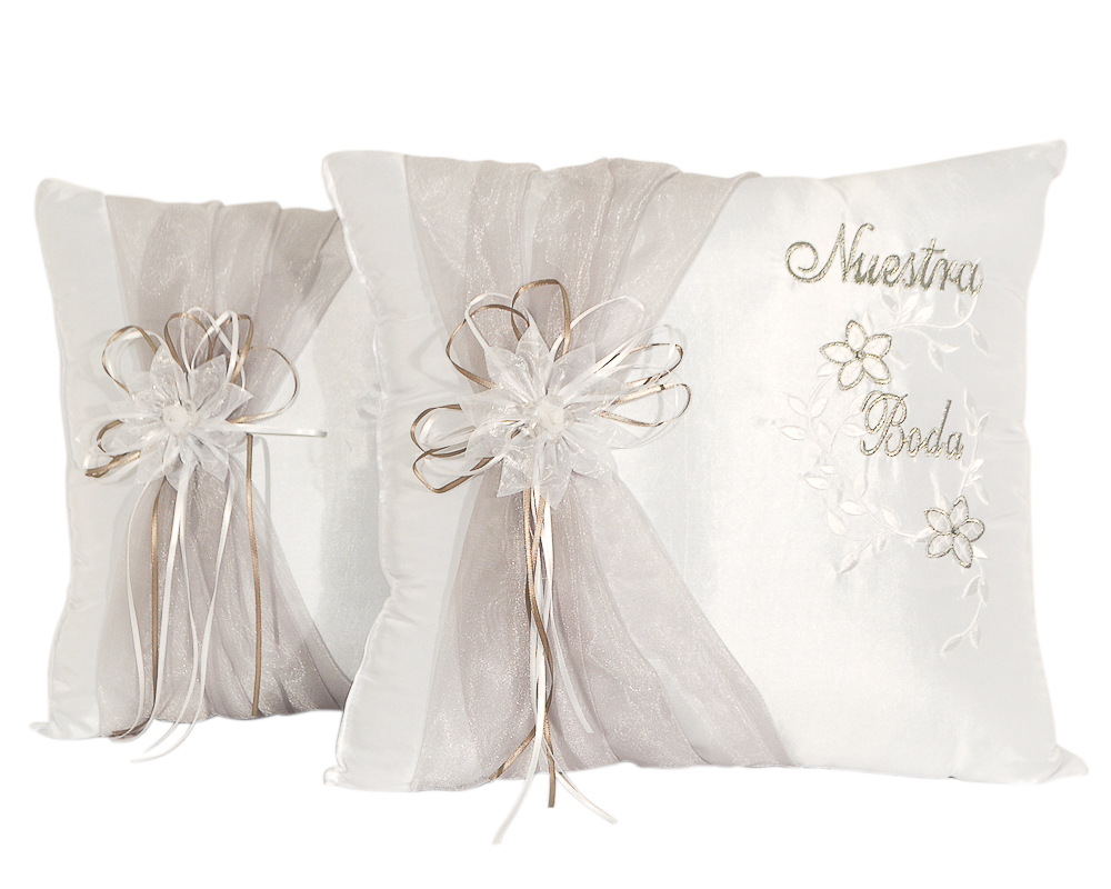 Set of 2 White Satin Nuestra Boda Wedding Kneeling Pillows – Cojines Para Boda