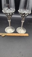 Pair Pewter Glass Champagne Flutes Roses Grapes Wedding Toast Goblets