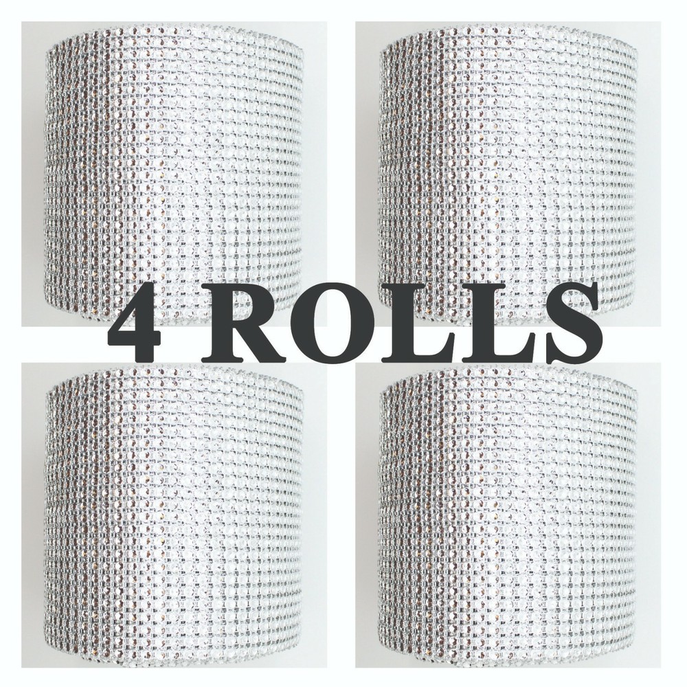 4 ROLLS OF 4.75″x10 YARDS SILVER DIAMOND MESH WRAP RHINESTONE CRYSTAL RIBBON