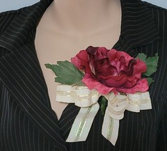 Large Deep Red Velveteen Silk Rose & Bow Corsage Princess «Kachi» Garden Flower
