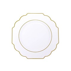 10 WHITE 11″ Baroque PLASTIC DINNER PLATES with Gold Rim Party Event Decorations