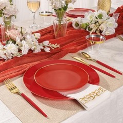 3PCS Plastic Dinnerware Set and Gold Rim Disposable Plates for Party – 50 Red