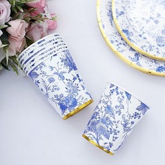 24 WHITE 9 oz Blue Floral Design Paper CUPS GOLD Rim Party Events Decorations