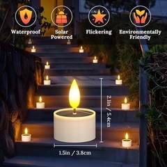 Solar Tea Lights Outdoor Waterproof, 12 pcs 1.5″ D x 2.1″ Reusable Dusk to