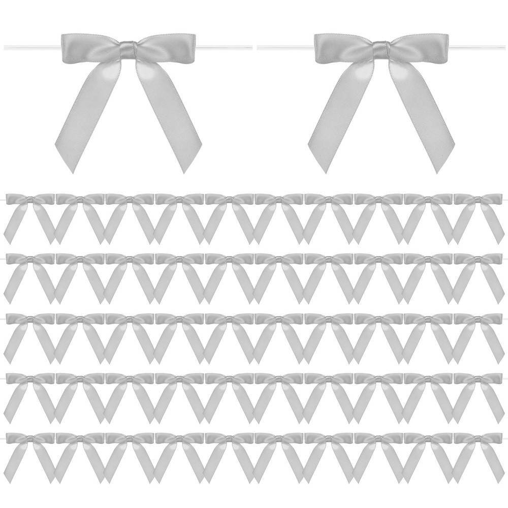 50-Pack Satin Ribbon Twist Tie Bows, 2.8″ Bow Twist Ties for Craft [Light Grey]