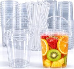 Drink Buckets with Lids and Straws, Reusable Clear Plastic Party 30 Sets 34 oz