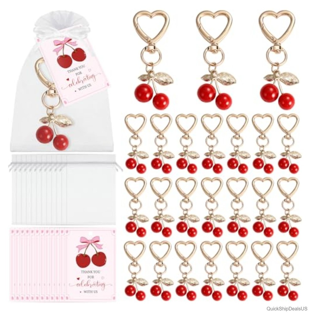 24 Cherry Keychain Party Favors with Organza Bags Thank You Cards Wedding Baby