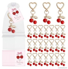 24 Cherry Keychain Party Favors with Organza Bags Thank You Cards Wedding Baby