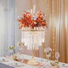 Gold Flower Stand with Hanging Crystal Strips 70cm Wedding Party Table Decor