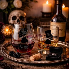 Skull Bride & Groom Wine Glass for Couples – Till Death Do 19oz, Transparent