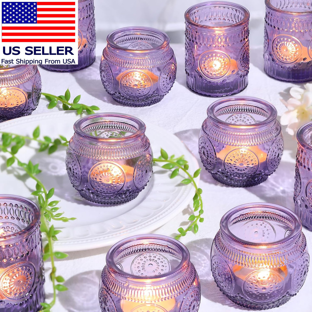12Pcs Assorted Purple Votive Candle Holders for Party Decorations, Lavender Teal