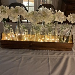Farmhouse Decor Long Wooden Table Top Centerpiece w/11 Bottle Vases-Lighted