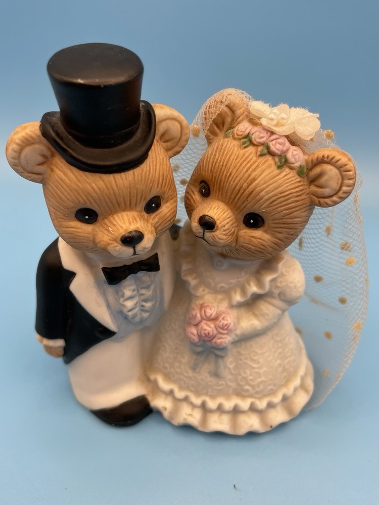 Vtg HOMCO Teddy Bear Porcelain Hand Painted Bride & Groom Wedding Cake Topper