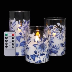 Flameless Candles Glass with Remote Control & Timer Blue and White Porcelain