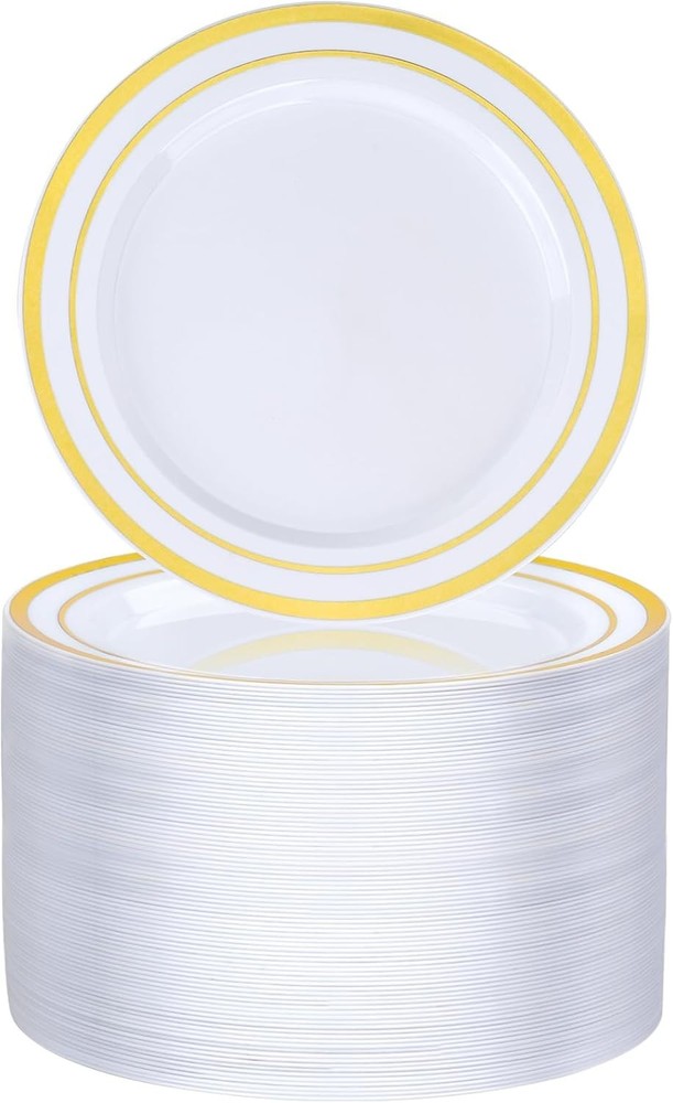 100PCS Gold Plastic Plate, 7 Inch Disposable Dessert Plate Party with Gold