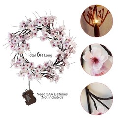 Lighted Cherry Blossom Garland with Timer 48 LED Fairy Lights 6FT for Mantle,
