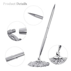 Silver 2 Pcs Hollow Round Pen Holder Set for Signing & Ballpoint Pens