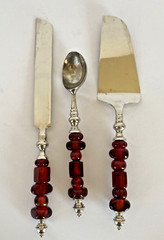 Wedding Cake Server Set & Ice Cream Scoop w/ Red Glass Bead Handles India VG