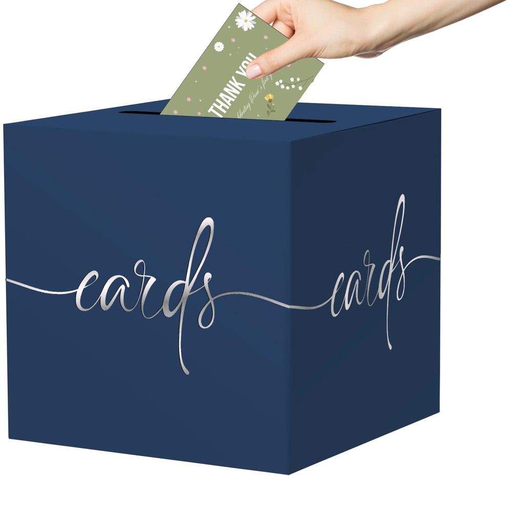 8.7 Inch Navy Blue Silver Foil Paperboard Card Box Birthday Wedding Raffle