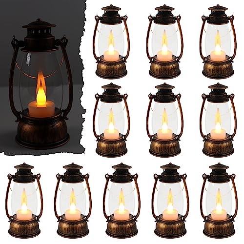 12Pcs Mini Lantern Decorative with Flickering LED Candle, 6Inch Brown-12pcs
