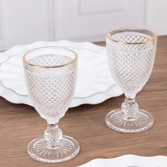 6 pack 8 oz CLEAR Glass Wine Goblets with GOLD Rim and Embossed Diamond Pattern